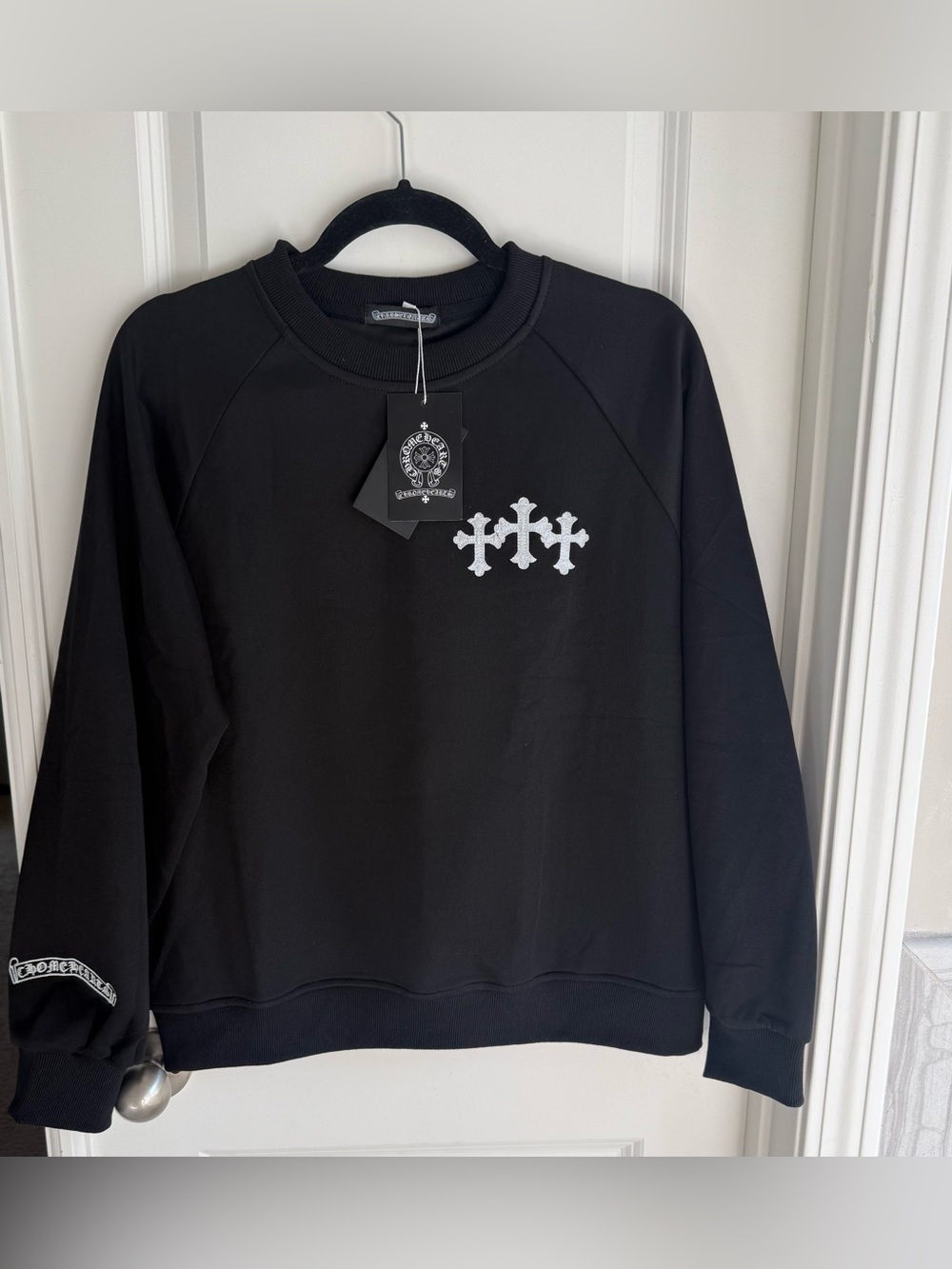 Chrome Hearts Black Crew Sweatshirt with White Triple Cross Motif and Pant